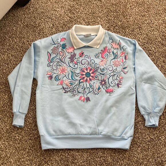 Vintage 80s 90s Haband For Her Collared Floral Blue Sweatshirt Small - Picture 6 of 11